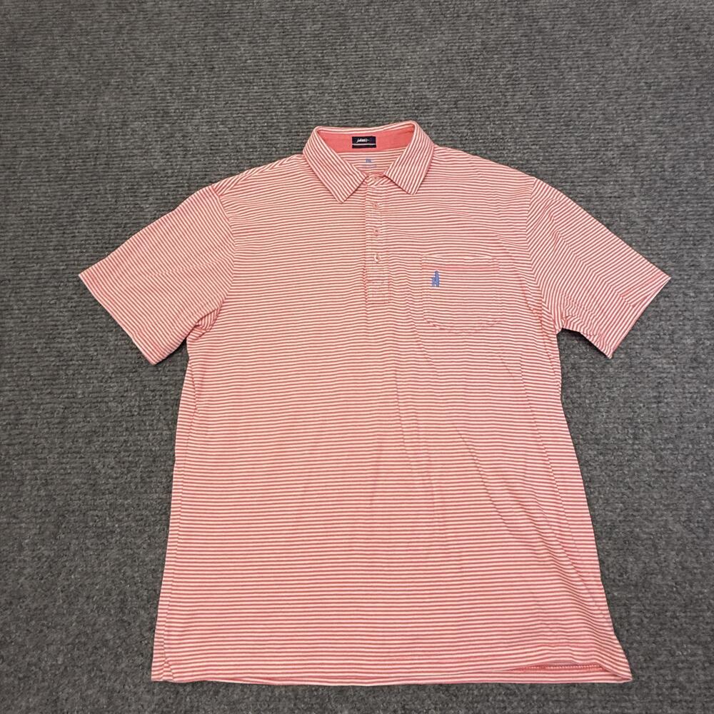 Johnnie-O Polo Shirt Mens Large Pink Peach Stripe 100% Cotton Pocket Casual